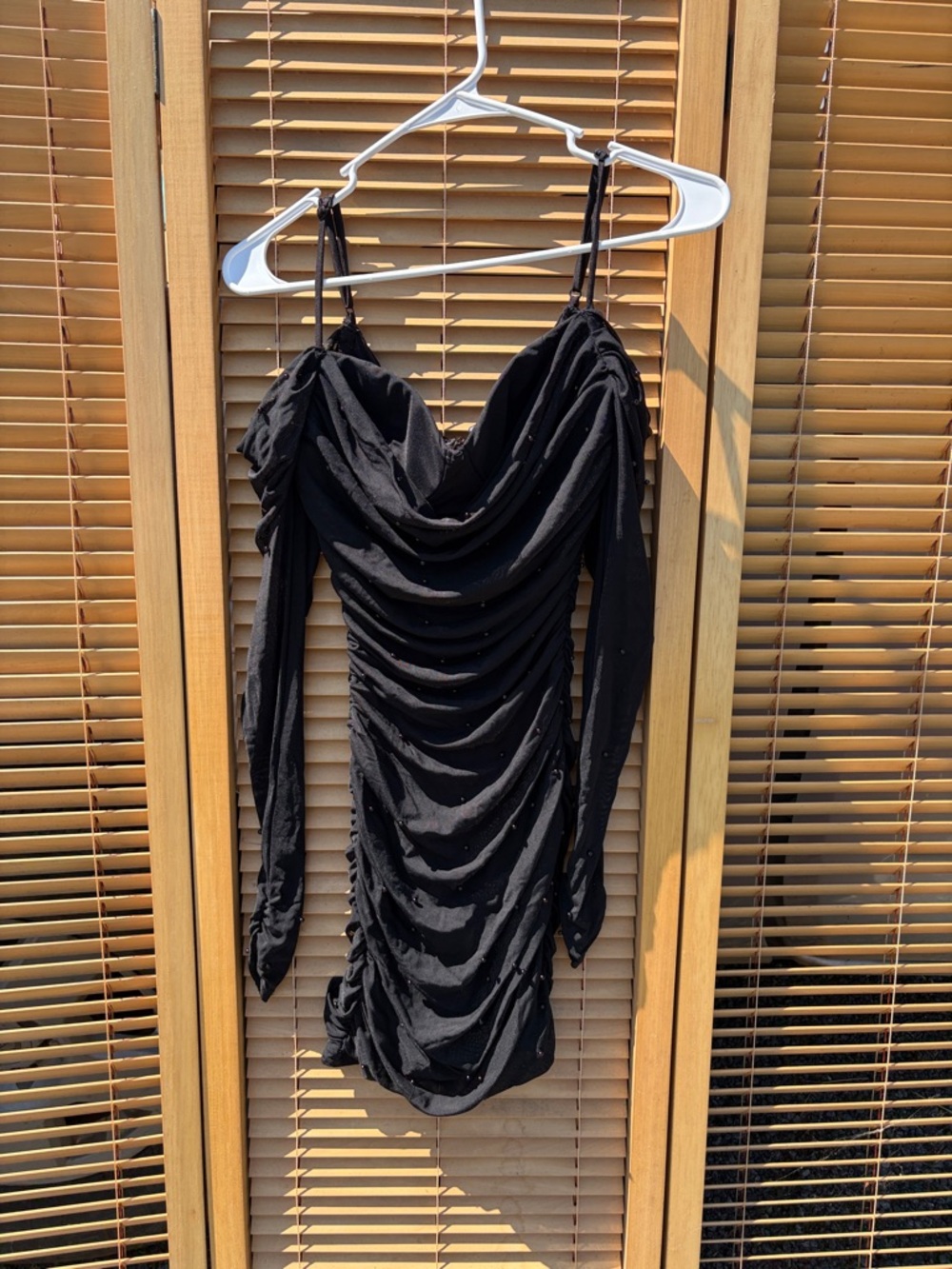 Windsor Black Ruched Off-Shoulder Long Sleeve Mini Dress
